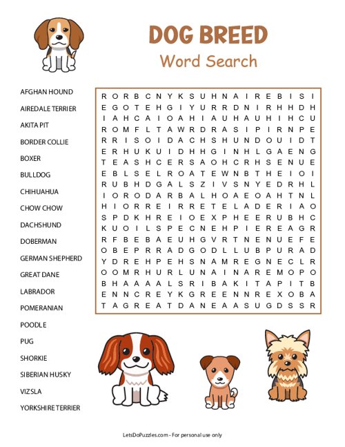 Dog Breeds Word Search