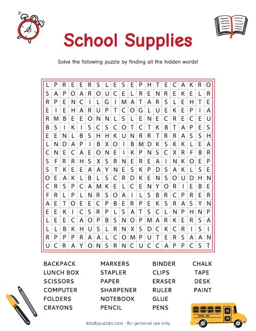 Printable School Supplies Word Search