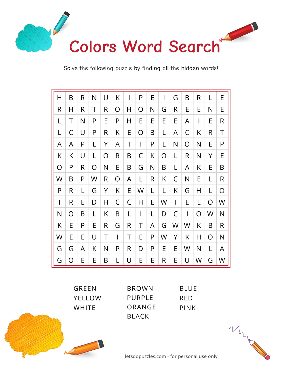 Printable Colors Word Search