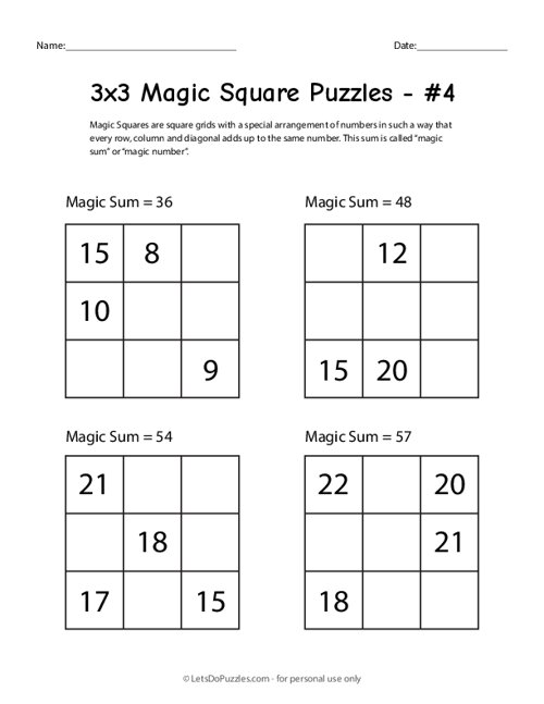 Printable Magic Square Puzzles