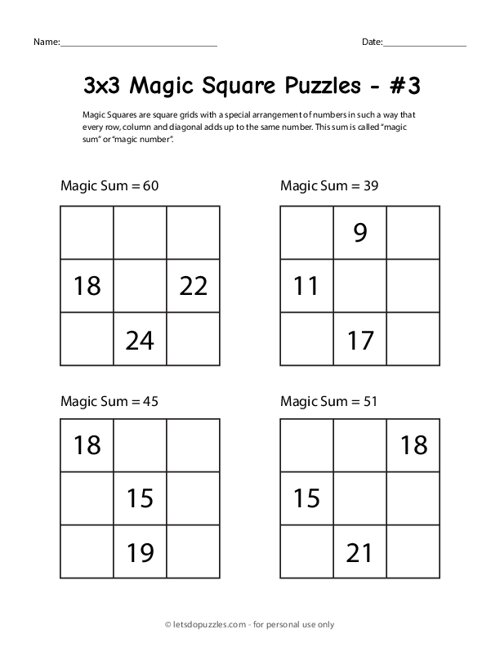 3x3 Magic Squares for Kids