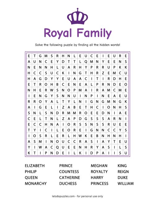 Royal Family Word Search