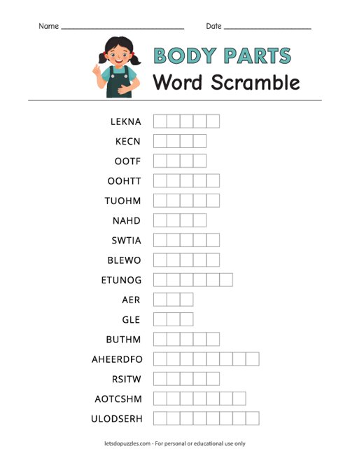 Printable Body Parts Word Scramble