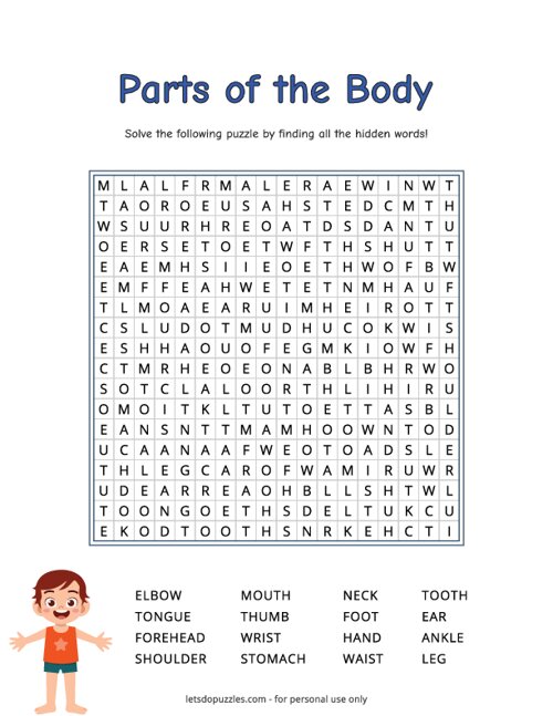 Free Printable Parts Of The Body Word Search