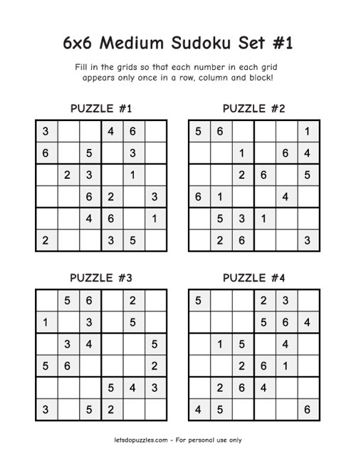 6x6 Sudoku Puzzles Printable - Sheet 2