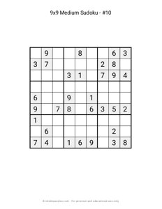 9x9 Medium Sudoku #10