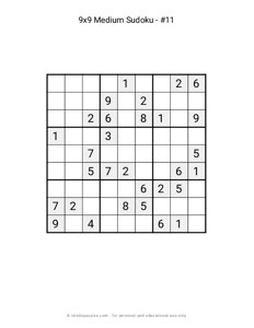 Free Printable 9x9 Medium Sudoku