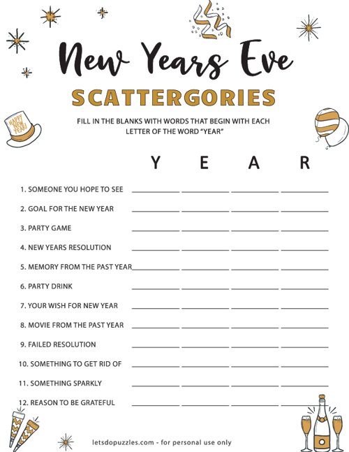 Free Printable New Year's Eve Scattergories