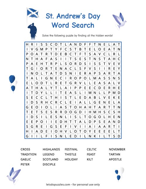 St. Andrews Day Word Search