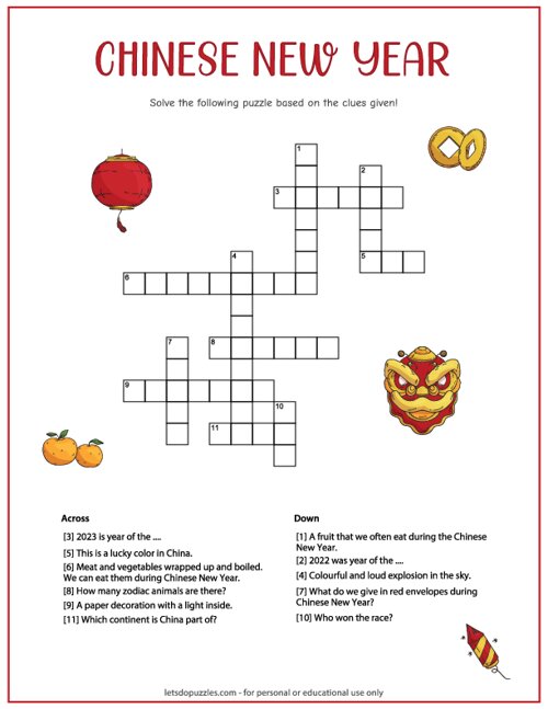 Chinese New Year Crossword Free Printable