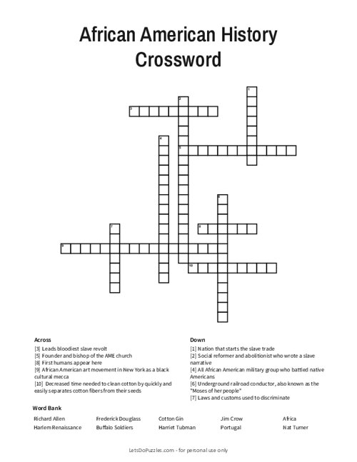 African American History Crossword Puzzle