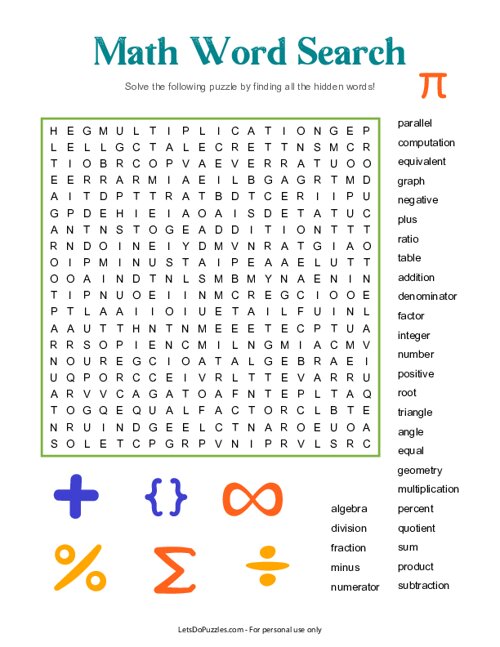 Math Vocabulary Word Search Printable - Word Search Maker