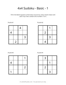 Printable PDF Easy Sudoku for Kids 4x4 400 Children Puzzles 