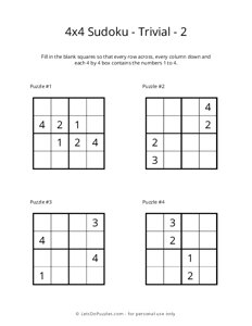 Two 4x4 sudoku for kids to print: Level Beginner, No. 1 and No. 2.