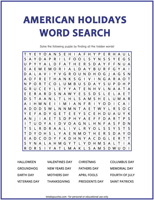 American Holidays Word Search