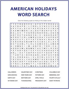 American Holidays Word Search