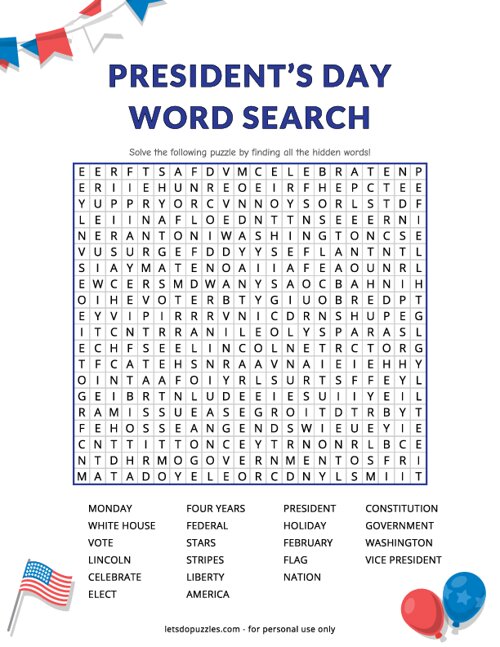 Free Printable President s Day Word Search
