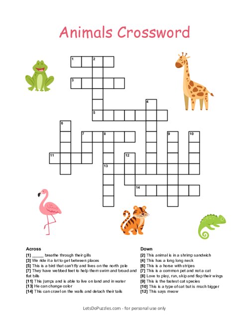 crossword puzzle for kids animals