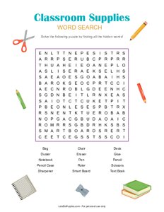 Classroom Supplies Word Search