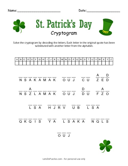 Free Printable St Patrick s Day Cryptogram Free Printable St Patrick s Day Cryptogram
