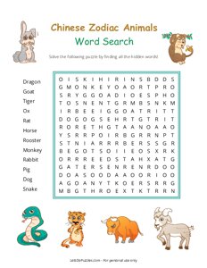 Chinese Zodiac Sign Animals Word Search