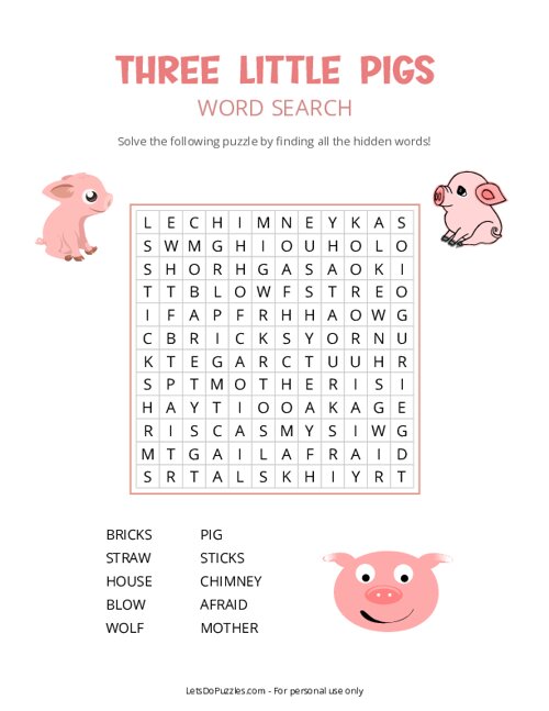 Three Little Pigs Word Search Free Printable