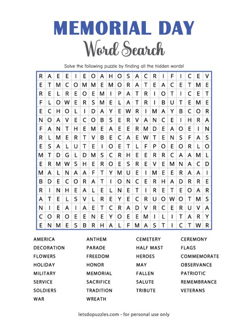 Memorial Day Word Search