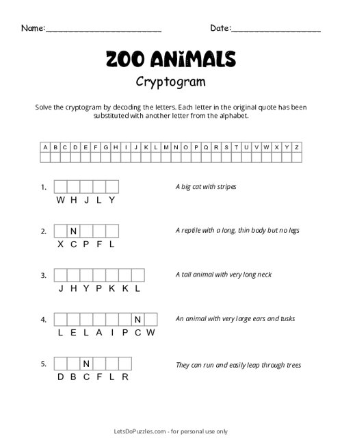 Zoo Animals Cryptogram