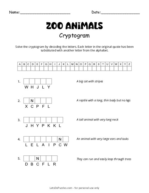 Free Printable Zoo Animals Cryptogram