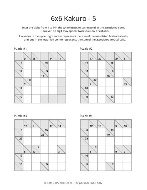 5x5 Printable Kakuro Puzzles with Answer Keys