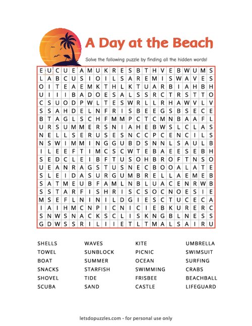 A Day At The Beach Word Search