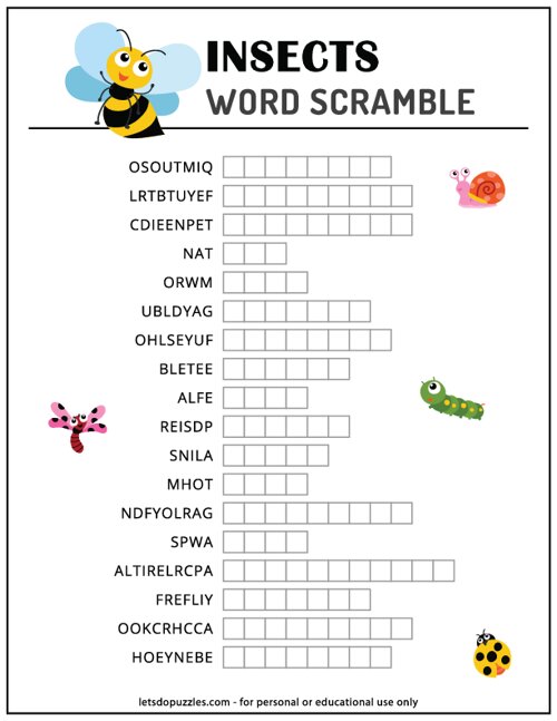 Insects Word Scramble Printable