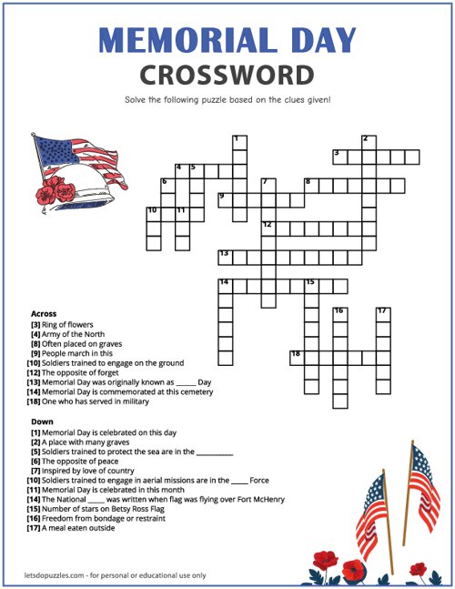 Memorial Day Crossword Printable Puzzle