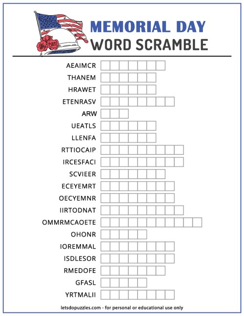 Free Printable Memorial Day Word Scramble Puzzle 46 OFF Free Printable Memorial Day Word Scramble Puzzle 46 OFF