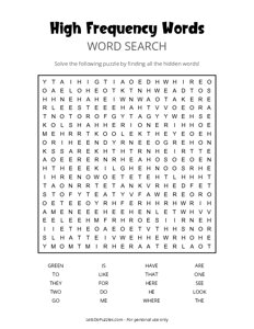 High Frequency Words Word Search