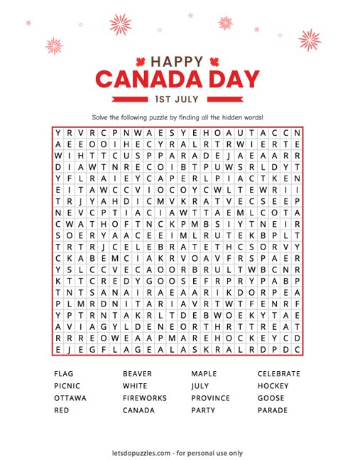 Canada Day Word Search