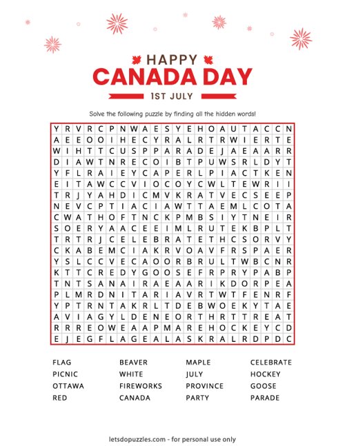 Free Canada Day Word Search Printable