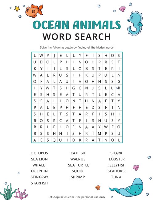 Ocean Animals Word Search