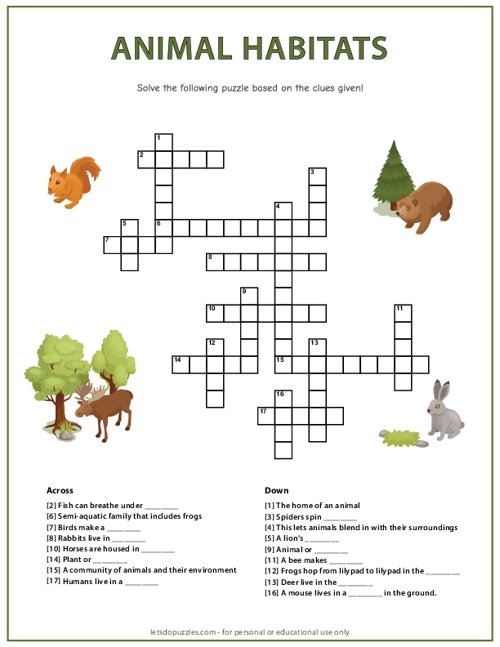 Animal Habitats Crossword