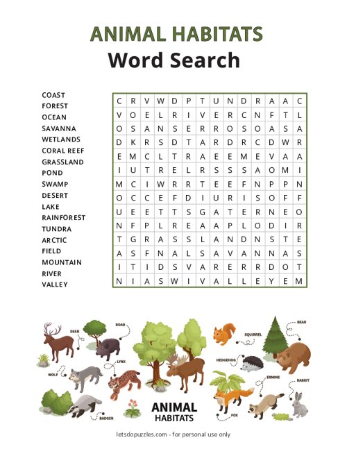 Animal Habitats Word Search