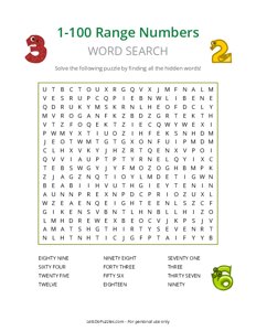 1 - 100 Range Numbers Word Search