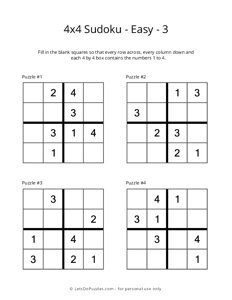 Two 4x4 sudoku for kids to print: Level Beginner, No. 1 and No. 2.