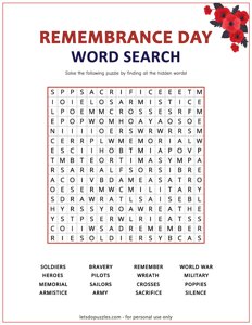 Remembrance Day Word Search