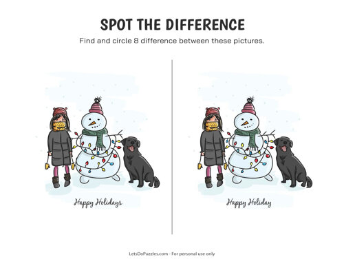Christmas Snowman, Dog, Girl - Spot the Difference