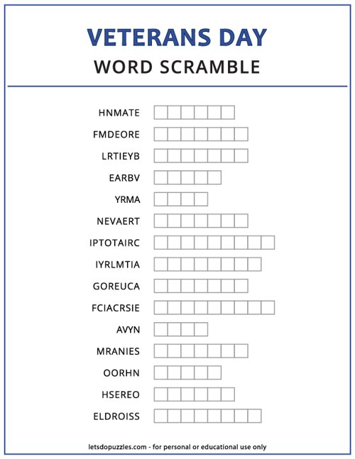 Veterans Day Word Scramble