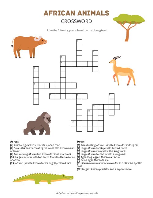 Free Printable African Animals Crossword Puzzle