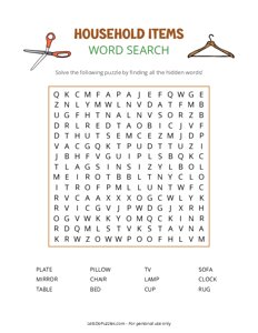 Household Items Word Search