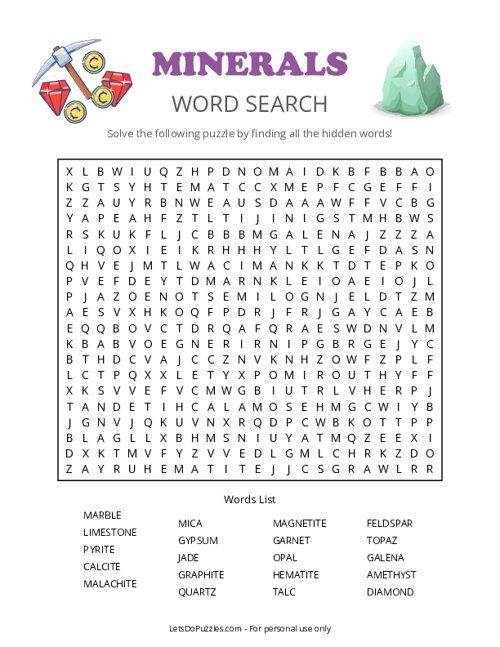 Mineral Word Search Puzzle Crystals Gems Minerals Word Search
