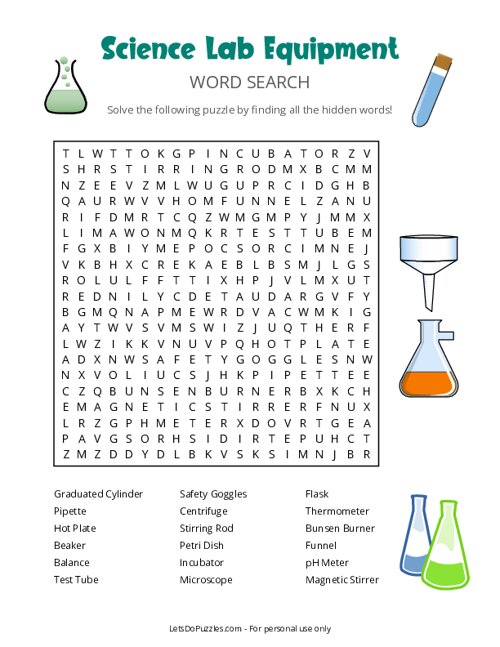 Printable Science Lab Equipment Word Search