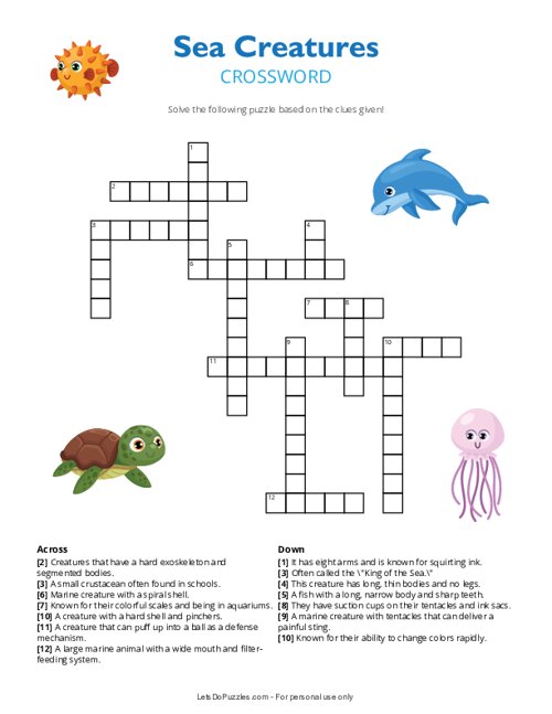 Free Printable Sea Creatures Crossword Puzzle